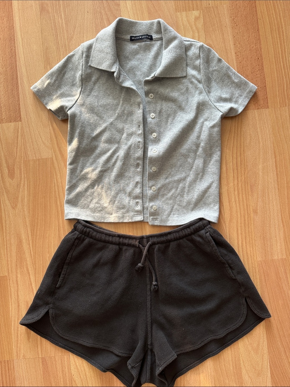 Brandy Melville Gray Button-Up Polo Top with Black Drawstring Shorts